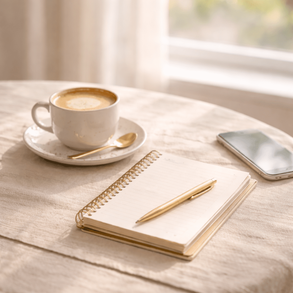 Bilježnica i šalica kave u prirodnom svjetlu